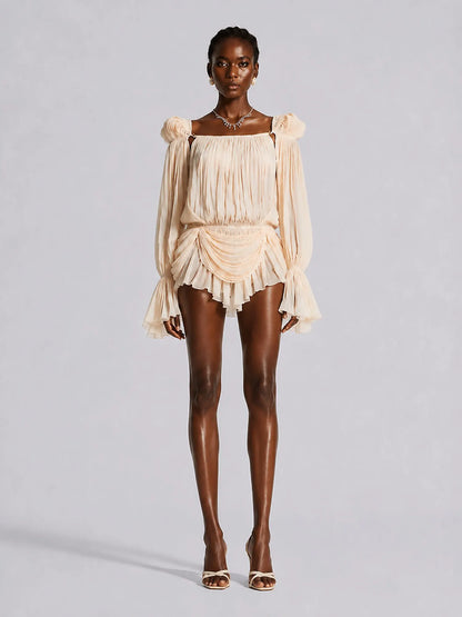 Zoe Neutrals Pleated Ruffled Mini Dress