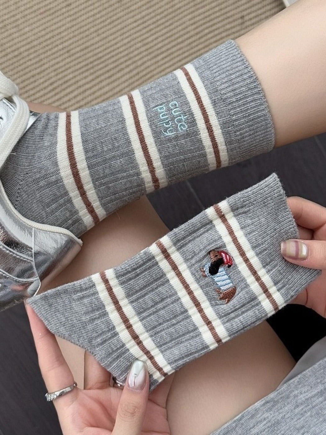 Rufia - Stripes Mid-calf Socks with Dog Patterns