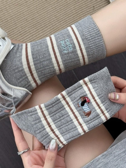 Rufia - Stripes Mid-calf Socks with Dog Patterns