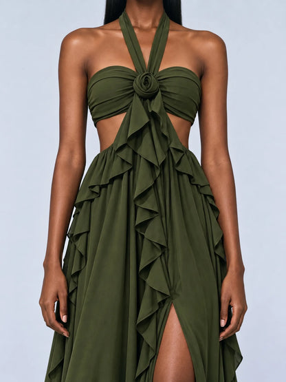 Solange Halter-Neck Ruffled Backless Maxi Dress