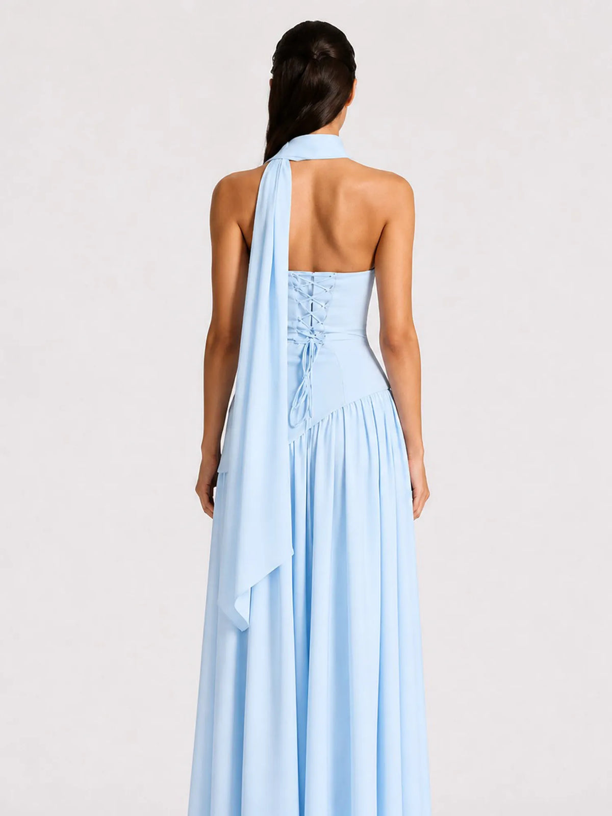 Celeste Strapless Ruched Slit Maxi Dress In Blue