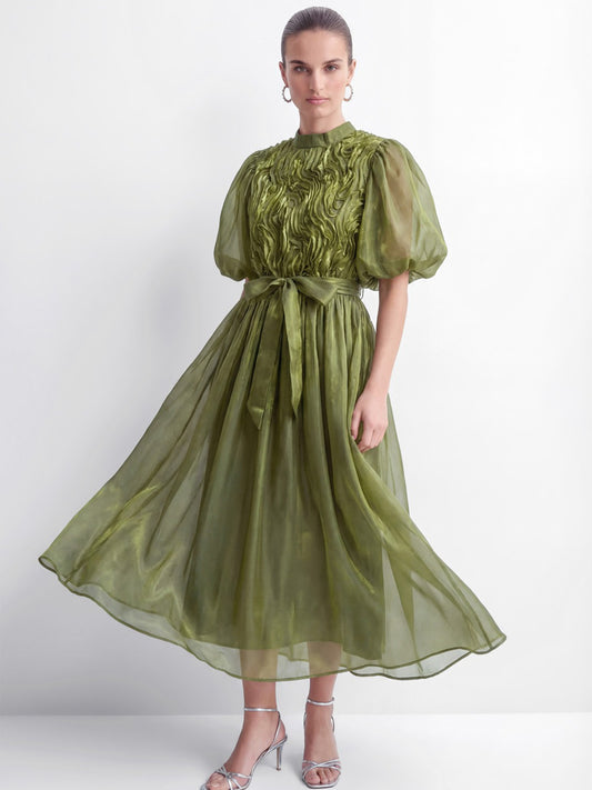 Aurora Green Ruffled Bodice Puff Sleeve Maxi Dress