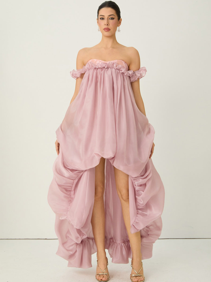 Calliope Pink Off Shoulder High Low Ruffle Maxi Dress
