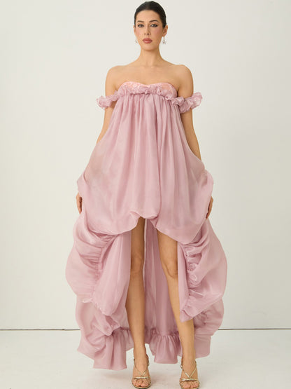 Calliope Pink Off Shoulder High Low Ruffle Maxi Dress