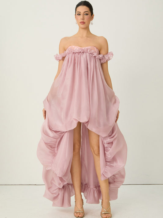 Calliope Pink Off Shoulder High Low Ruffle Maxi Dress