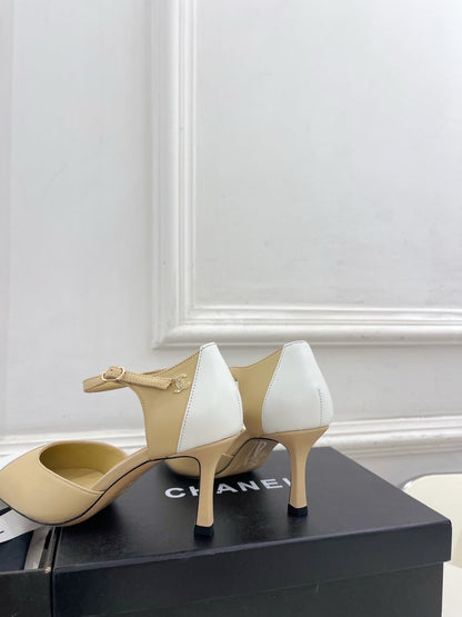 CC 26 SS Double C Slingback 7.5cm Beige White Calfskin 586936