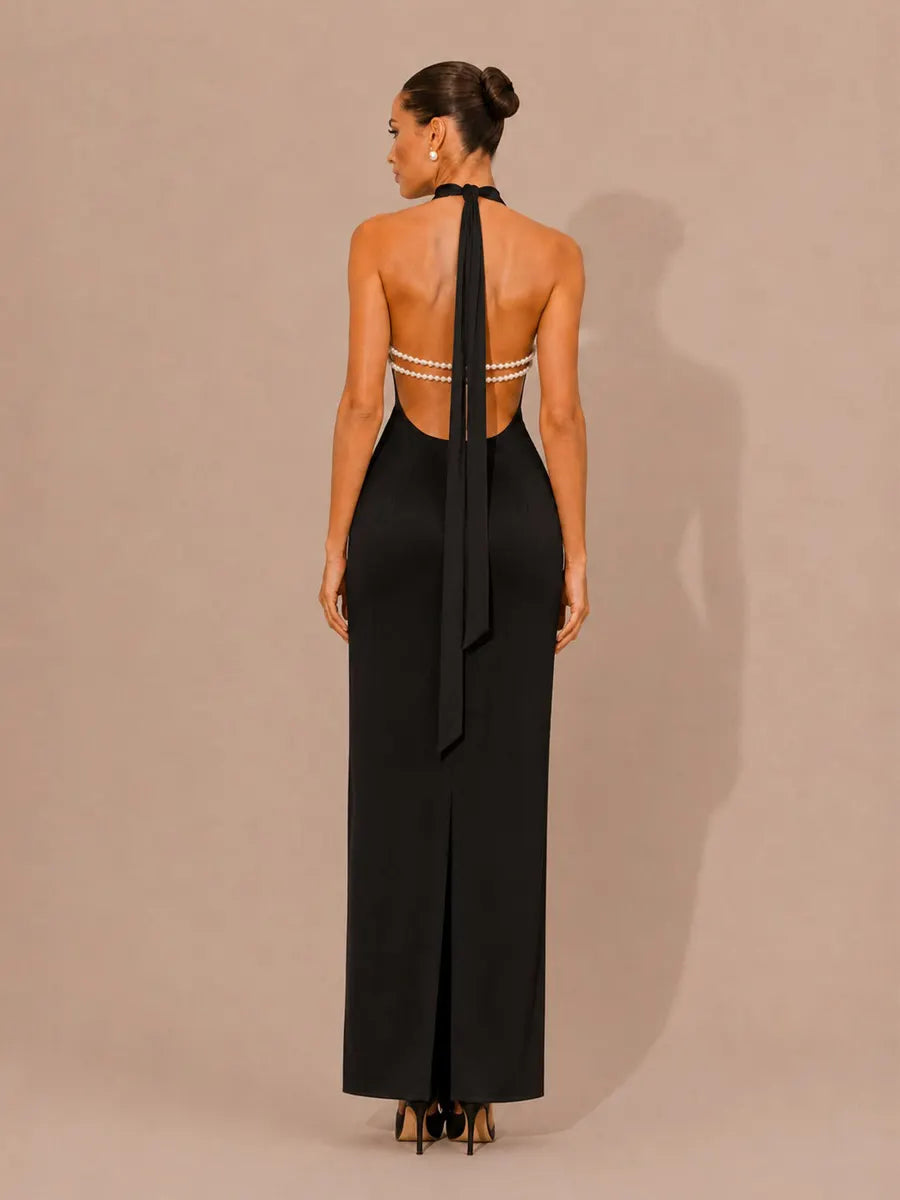 Selene Halter-Neck Beaded-Back Maxi Dress