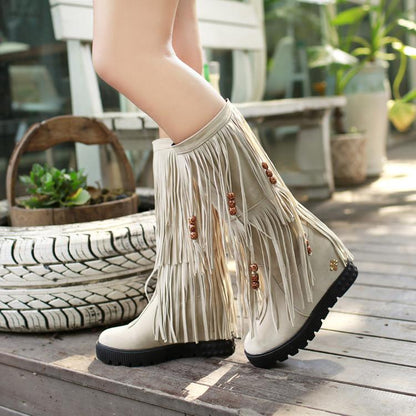Women Boho Winter Tassel Warm Hidden Heel Long Boots