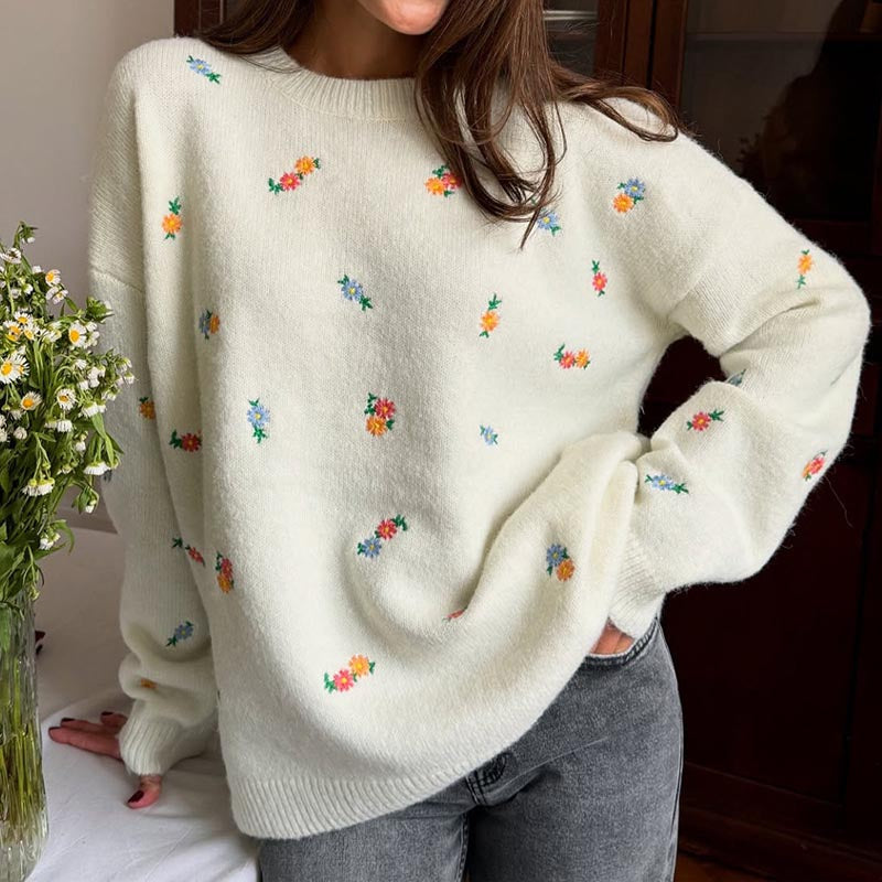 Simple Embroidered Flower Round Neck Cardigan