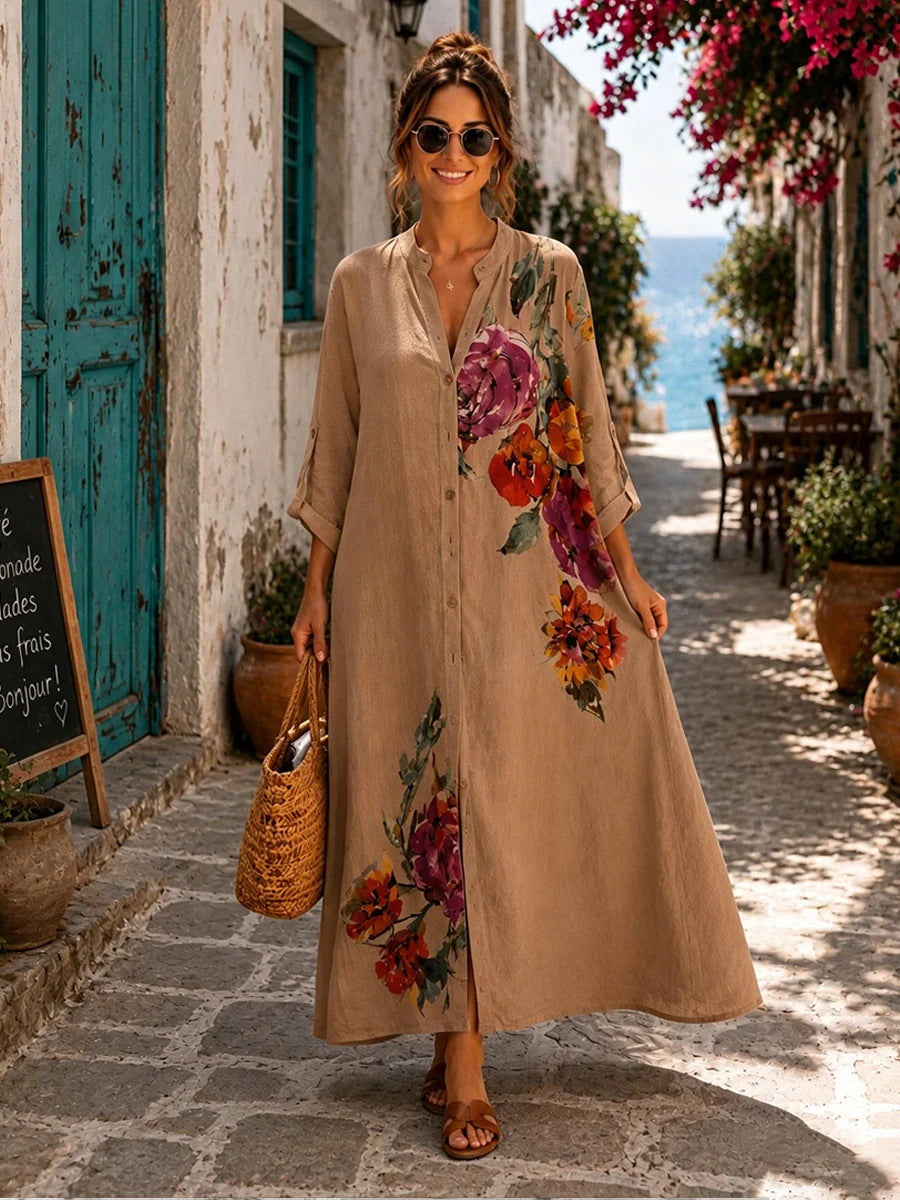 Floral Print Linen Button Down Maxi Dress