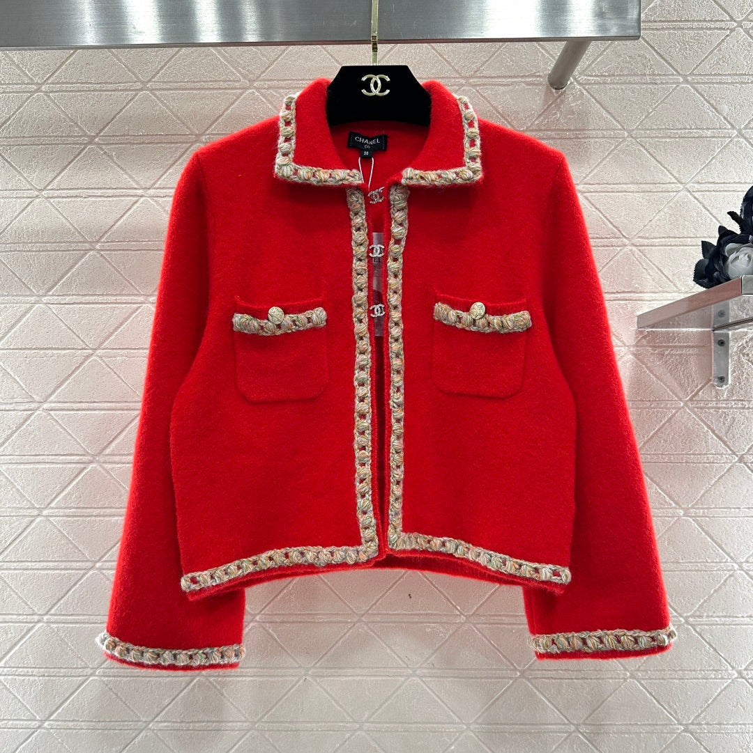 Chanel 25 Knitted Cardigan with Contrasting Trim Red in Wool 801436