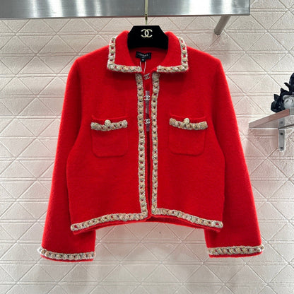 Chanel 25 Knitted Cardigan with Contrasting Trim Red in Wool 801436