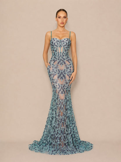 Amira Elegant Contour Cut Out Lace Pattern Maxi Dress