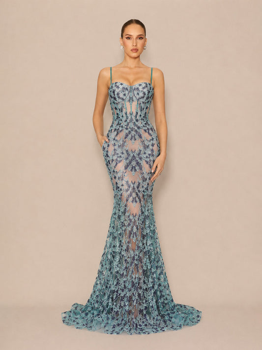 Amira Elegant Contour Cut Out Lace Pattern Maxi Dress
