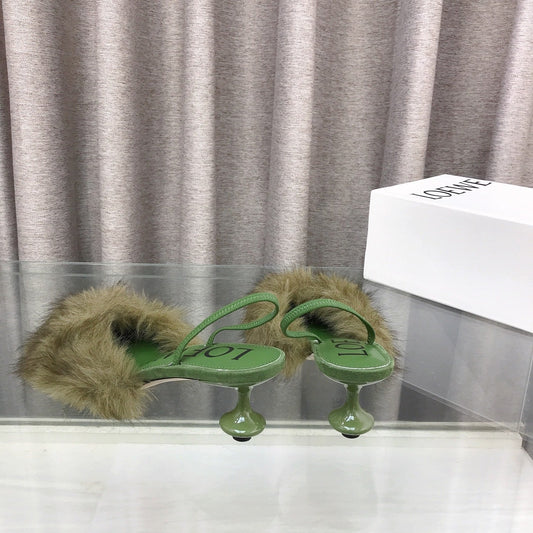Loewe 25SS Fur-lined Mule 60 Green in Fox Fur 597438