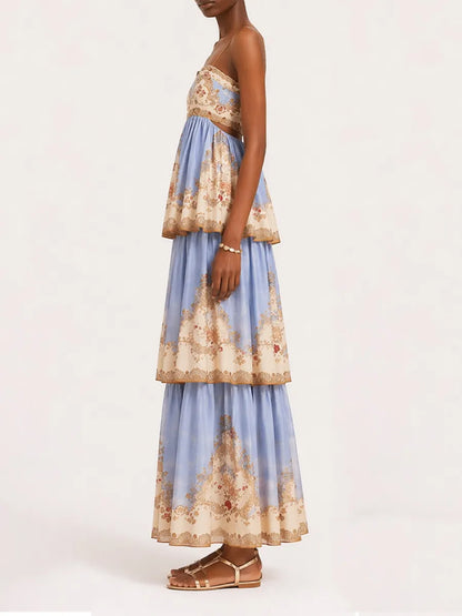 Sienna Layered Printed Spaghetti Strap Maxi Dress