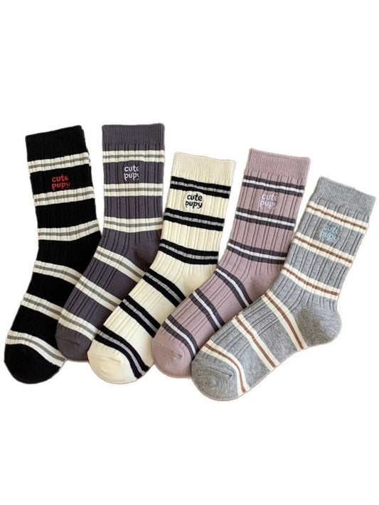 Rufia - Stripes Mid-calf Socks with Dog Patterns