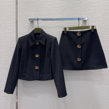 GG Crêpe Jacket With Double G Button Black Wool 346673