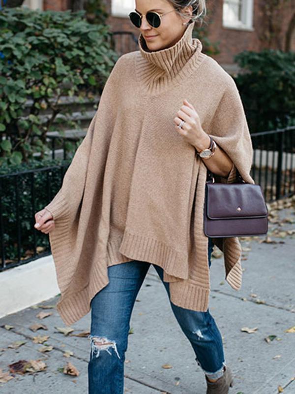 High-Neck Solid Color Knitting Sweater Cover-Ups Tops