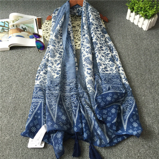 New Vintage Ethnic Silk Scarf Literature And Art Bali Yarn Blue And White Porcelain Fringe Scarf Shawl