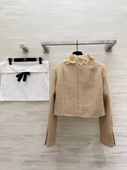 CC 26s Coat 3D Floral Embellished Beige Wool Blend Tweed
