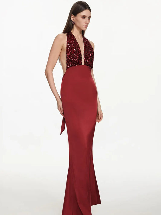 Giana Romantic Contour Deep V Halter Sequin Maxi Dress