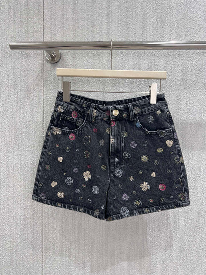 CC 25 Flower Jean Shorts Dark Gray Cotton