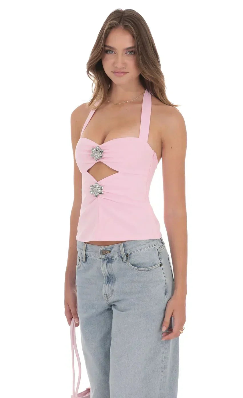 Cutout Floral Embellished Top in Pink