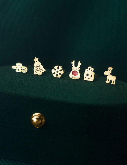 Cute Silver Mini Reindeer Christmas Earrings Set