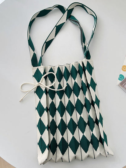 Contrast Color Drawstring Pleated Rhombus Woven Handbags