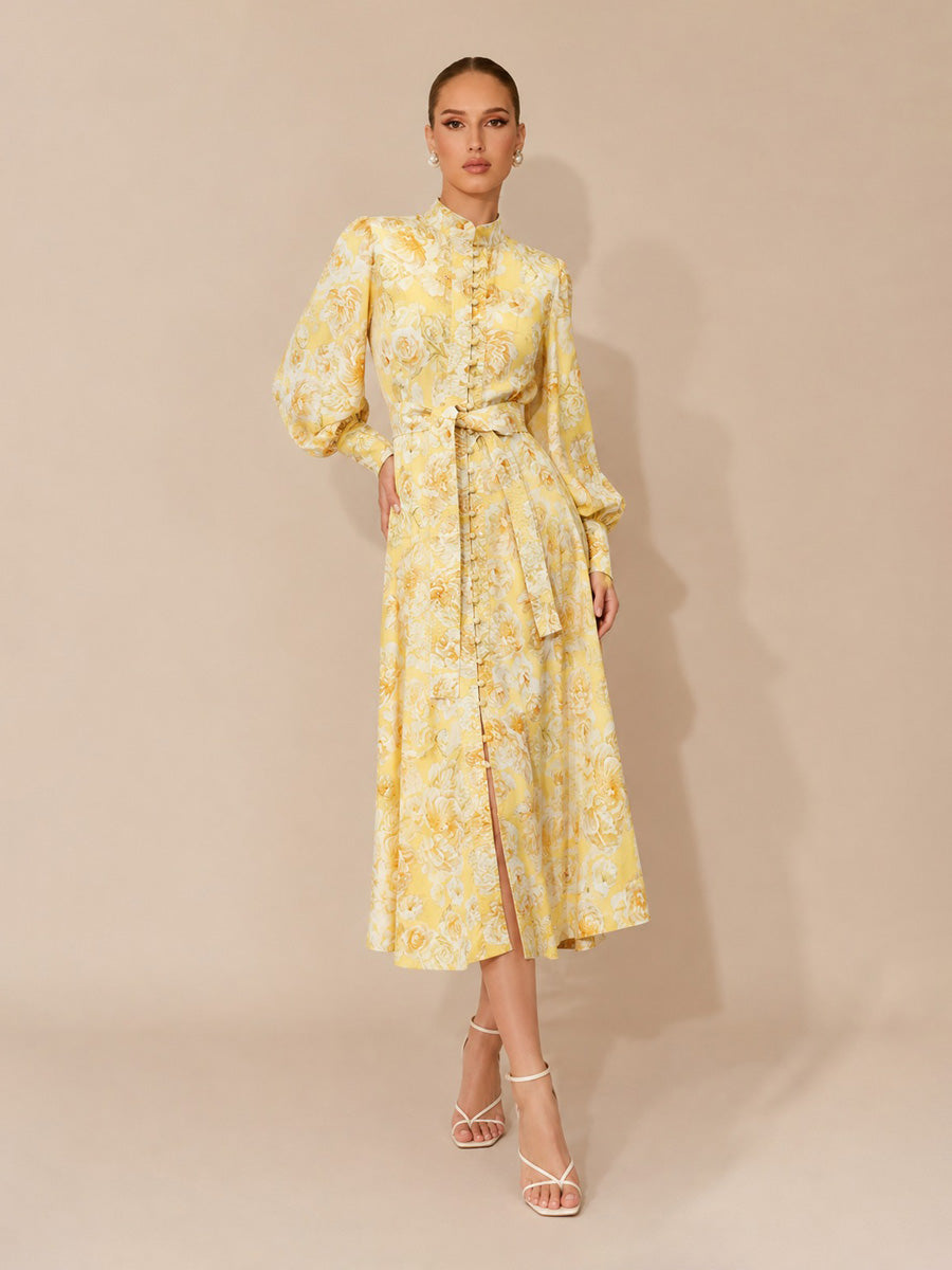 Karolina Lace-Up Lantern Sleeve Maxi dress