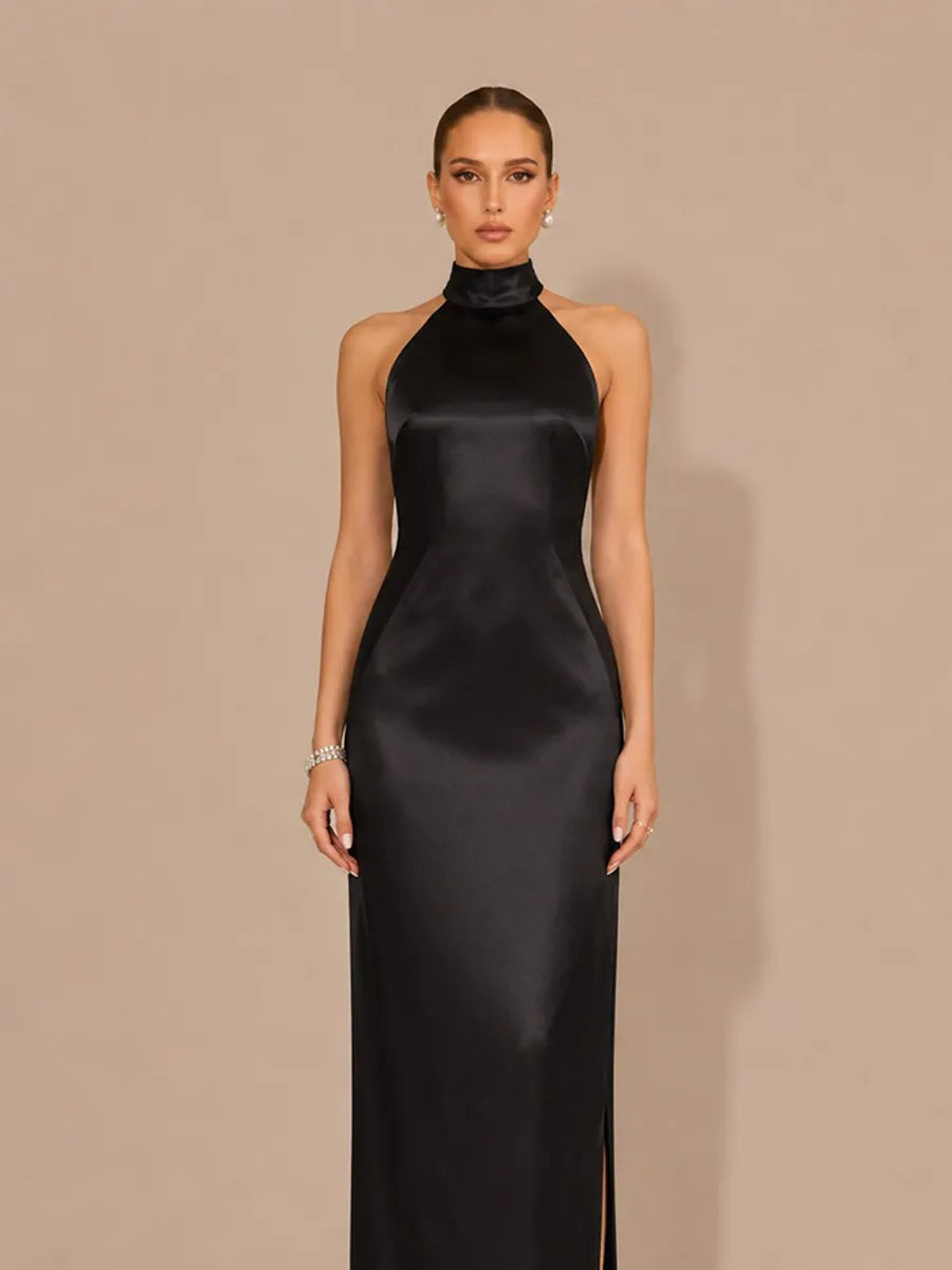 Selene Halter-Neck Beaded-Back Maxi Dress