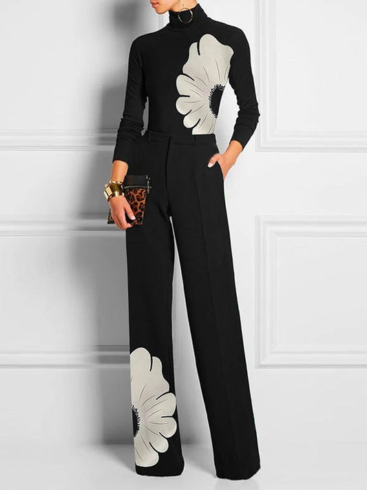 High Waisted Straight Leg Asymmetric Floral Printed Split-Joint Suit Pants