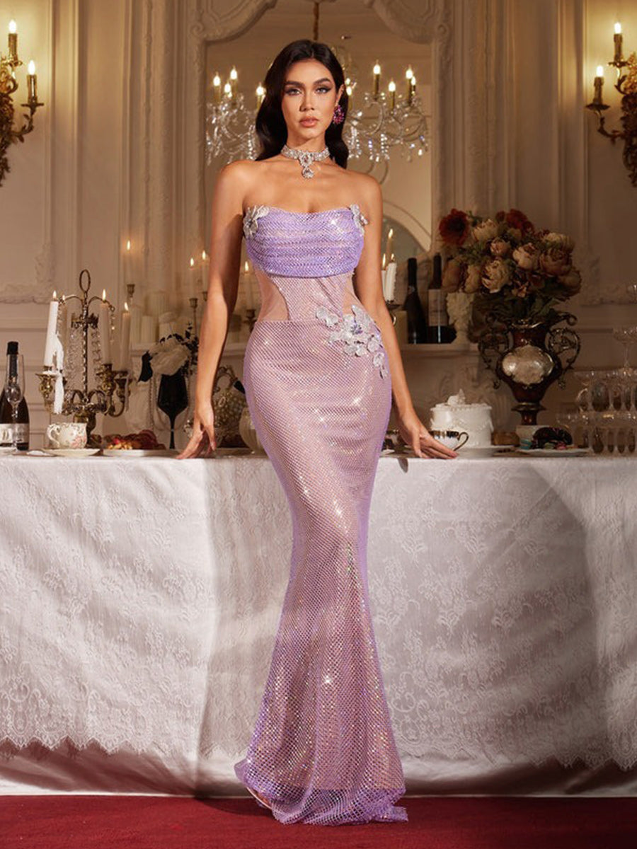 Marissa Strapless Flower Rhinestone Maxi Dress