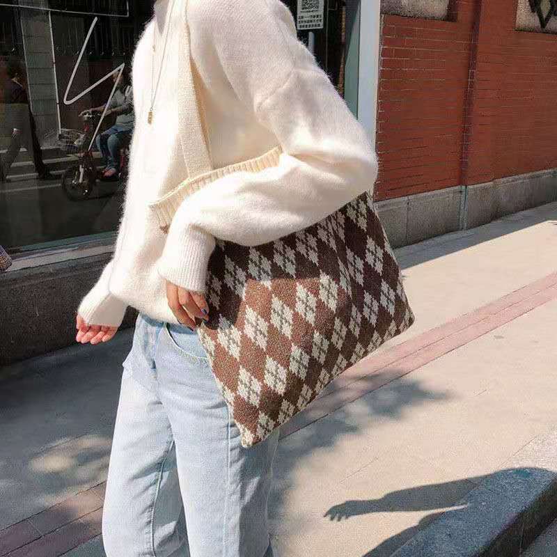 Crochet Tote Bag Vintage Diamond Woven Wool Bag