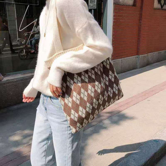 Crochet Tote Bag Vintage Diamond Woven Wool Bag