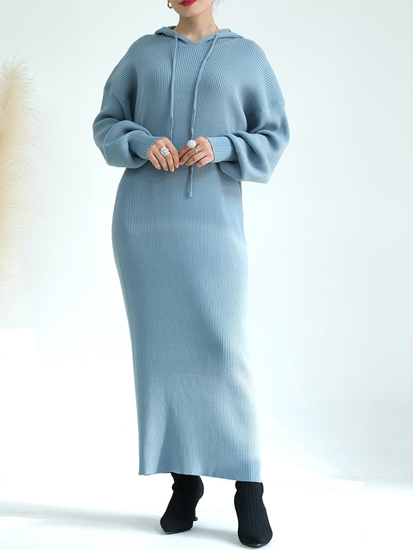 Solid Color Loose Long Sleeves Hooded Sweater Maxi Dresses
