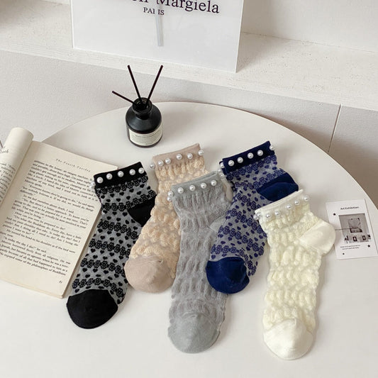 Rufia - Delicate Lace Ankle Socks with White Beads
