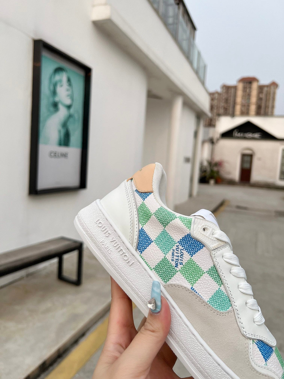 LV Groovy Sneaker White Blue Green Damier Canvas Suede 597683