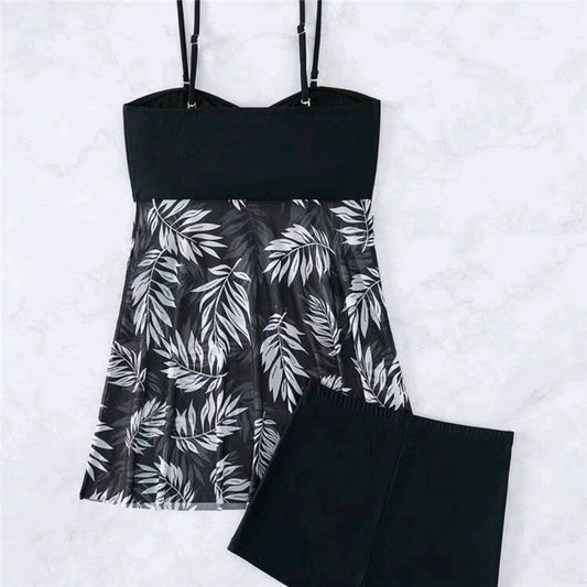Split Skirt Conservative Mesh Sheer Flesh Printed Swimsuit