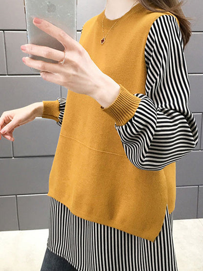 Original Loose Split-Joint 5 Colors Striped Round-Neck Long Sleeves False Two Sweater Top