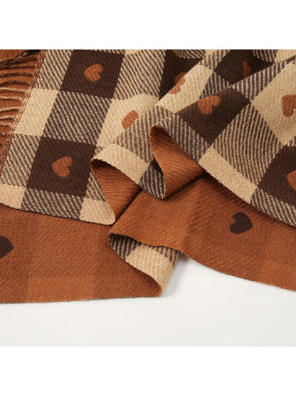 Sscarvii - Heart Print Plaid Winter Scarf