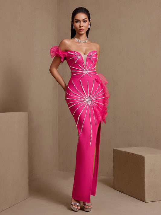 Kiana Pearl Embellished Asymmetric Bandage Maxi Dress