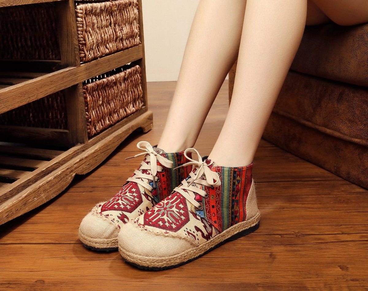 Vintage Boho Folk Pattern Lace-Up Flat Canvas Shoes