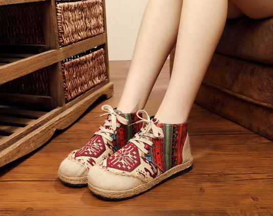 Vintage Boho Folk Pattern Lace-Up Flat Canvas Shoes