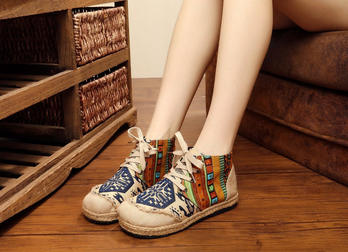 Vintage Boho Folk Pattern Lace-Up Flat Canvas Shoes