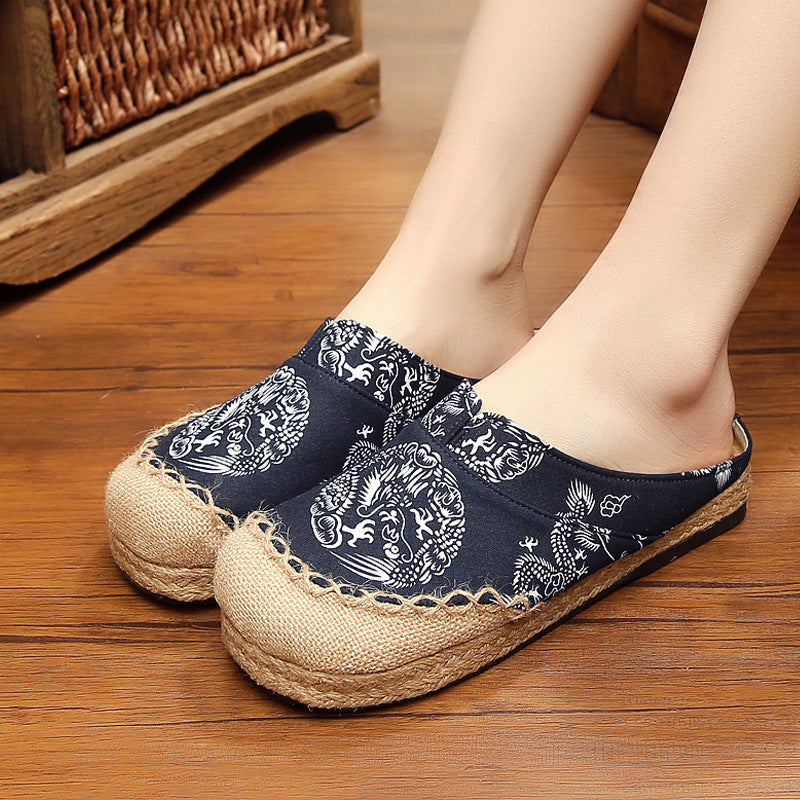National Style Flax Shoes Round Head Dragon Totem Handmade Cotton And Linen Stitching Couples Shoes