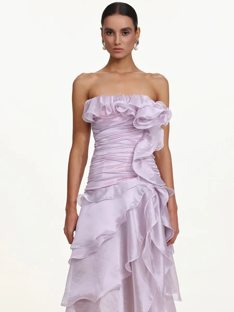Ivy Flowy Strapless Asymmetric Ruffle High Slit Maxi Dress