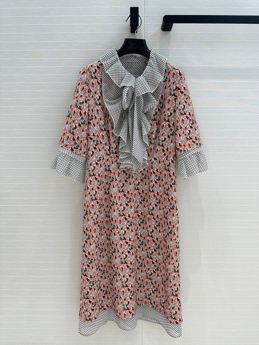 Prada Lace Half-sleeved Dress Pink mix colors Polyester