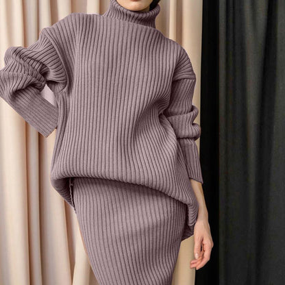 Ribbed Knit Turtleneck Sweater Midi Skirt Set